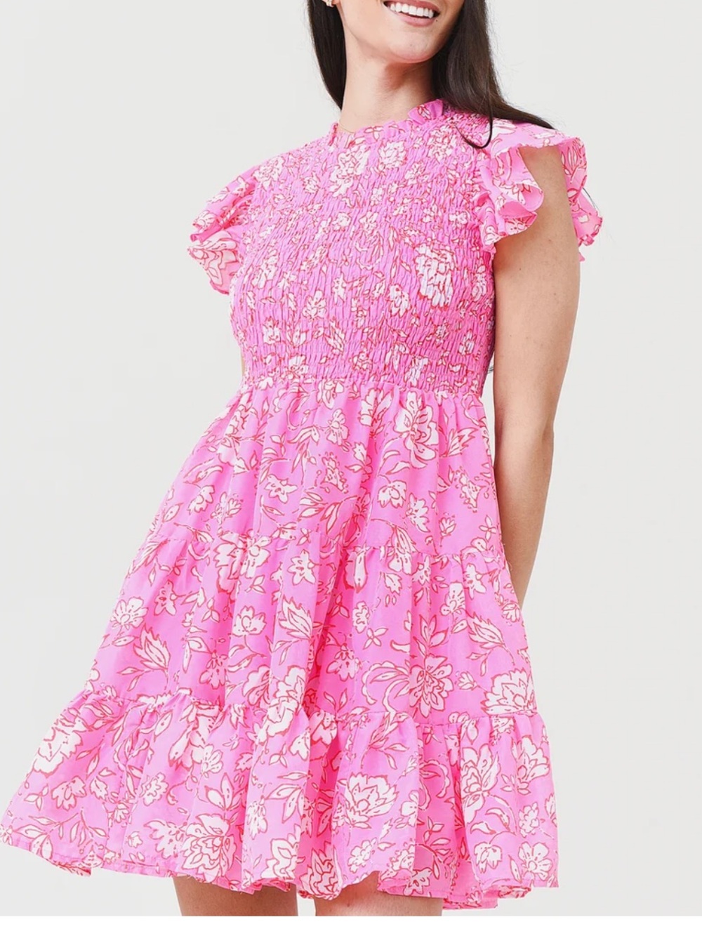 J. MARIE The Rosie Ruched Dress pink red white floral smocked tier mini dress M